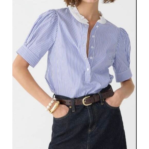J. Crew Puff-sleeve button-front shirt in stripe - Picture 1 of 7